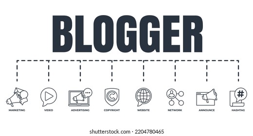 Bloguero, banner de blogueo conjunto de iconos. hashtag, video, copyright, anuncio, sitio web, marketing, red, concepto de ilustración de vector de publicidad.