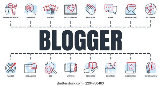 Blogger, blogging banner web icon set. rating, donation, organizer, applause, network, seo, writing and more vector illustration concept.