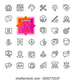 Blogger, Blogging, Blog -  Thin Line Web Icon Set. Contains Such Icons As Premium Content, Followers, Personal Brand And More. Outline Icons Collection. Outline Icons Collection. Simple Vector Illustr