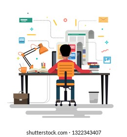 Blogger and blogging. Creation of high-quality content, writing articles for blog, social networks, communication, web page, infographics elements. Vector illustration.