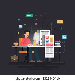 Blogger and blogging. Creation of high-quality content, writing articles for blog, social networks, communication, web page, infographics elements. Vector illustration.