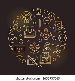 Blogger or Blogging vector round concept golden outline illustration on dark background