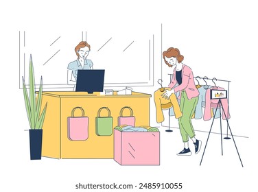 Blogger buy clothes. Woman with camera in boutique chooses stylish and fashionable clothes. Popular personality comes up with content. Fashion, trend and style. Linear vector illustration