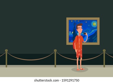 blogger with a camera in the gallery.free space for your text.flat vector illustration