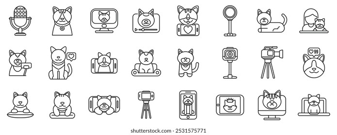 Blogger cat icons set. This set of icons depicts cats creating online content with cameras, smartphones and computers