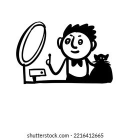 A blogger with a cat is shooting a video. A cheerful character is streaming. Caricature. Vector doodle illustration.