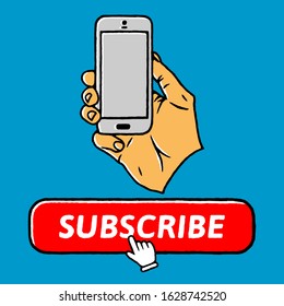 Blogger Channel concept. Hand Holding Smartphone, Red Button Subscribe to channel, Video Content. Men or women use smartphone to communicate on blue background isolated. Stock Vector Illustration. 