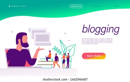 Concepto de canal de blogueros con gente pequeña, revisión de laptop y medios sociales e iconos de retroalimentación. Plantilla de diseño de página de inicio, interfaz web, aplicación móvil. Ilustración plana vectorial.