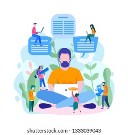 Blogger character, creative blogging, commercial blog posting, copywriting,  vector illustration, content marketing strategy. Content Marketing, SMM.