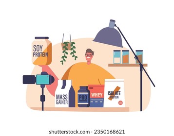 Blogger Character Enthusiastically Promotes Sports Nutrition Products On Camera, Highlighting Their Benefits