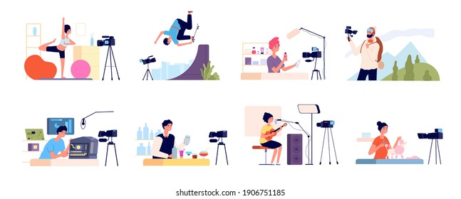 Blogger characters. Bloggers review, blog beauty fashion occupations. Video vloggers, girl digital channel and flat influencer people utter vector scenes