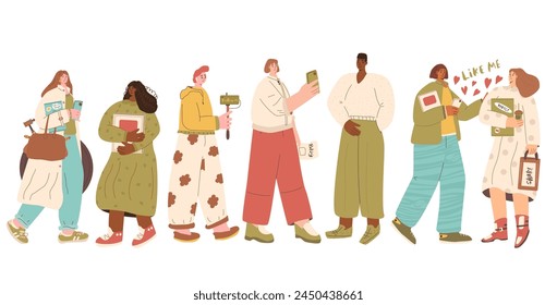 Blogger characters set. Modern young women and men with camera and laptops isolated on white background. Teenager creating content for vlog. Blog and social media influencer. Vector flat illustration.