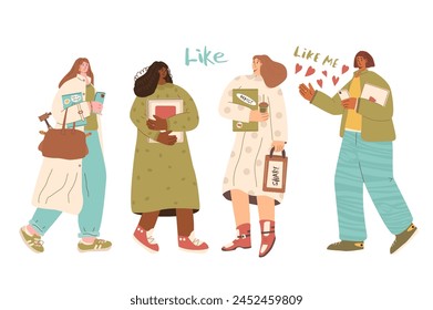 Conjunto de caracteres Blogger. Mujeres jóvenes modernas con cámara y computadoras portátiles aislados sobre fondo blanco. Adolescente creando contenido para vlog. Blog e influencer de los medios sociales. Ilustración plana de Vector.