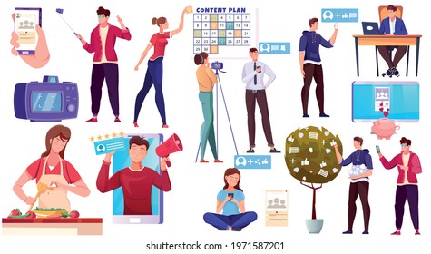 Blogger characters set of people creating video for blog or vlog review isolated vector illustration