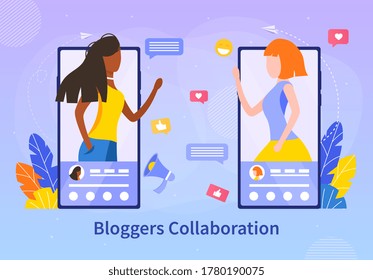 Blogger collaboration concept with two women chatting online on mobile devices above text with internet chat icons, colored vector illustration