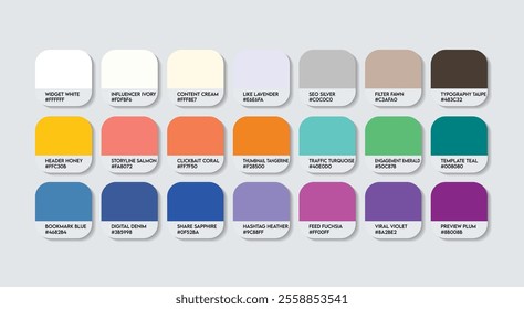 Blogger Color Guide Palette with Color Names. Catalog Samples Blogger with RGB HEX codes and Names. Metal Colors Palette Vector, Plastic art Blogger Color Palette, Fashion Trend Blogger Color Palette