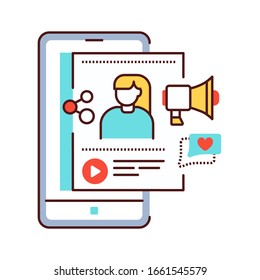 Blogger color line icon. Social media information sign. Content promotion in smartphone. Pictogram for web page, mobile app, promo. UI UX GUI design element. Editable stroke.