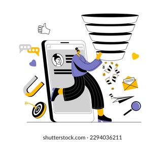 The blogger comes out of the smartphone with a sales funnel in his hands. Vector illustration on the topic of promotion and sale in social networks.