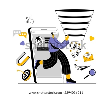 The blogger comes out of the smartphone with a sales funnel in his hands. Vector illustration on the topic of promotion and sale in social networks.