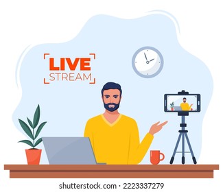 Blogger communicates in live stream with followers. Man records video content on camera. Influencer creating video for a blog. Video blogging concept for web banner design. Vector illustration