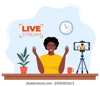 Blogger communicates in live stream with followers. African American Woman records video content on camera. Influencer creating video for a blog. Video blogging concept. Vector illustration