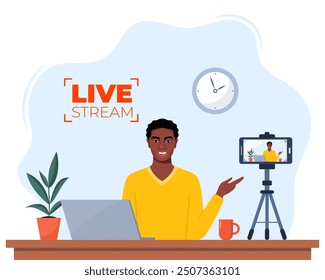 Blogger communicates in live stream with followers. African American Man records video content on camera. Influencer creating video for a blog. Video blogging. Vector illustration