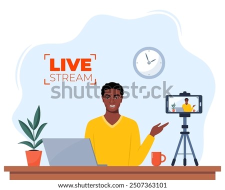 Blogger communicates in live stream with followers. African American Man records video content on camera. Influencer creating video for a blog. Video blogging. Vector illustration