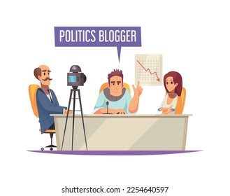 Blogger composition with doodle style human characters recording broadcasts with text captions vector illustration