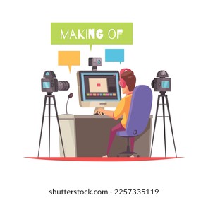 Composición del blogger con estilo de doodle caracteres humanos grabando transmisiones con subtítulos de texto ilustración vectorial