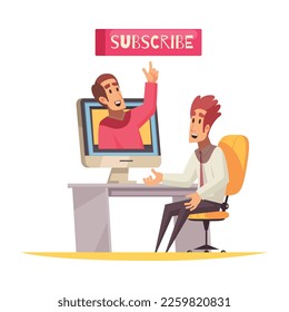 Composición del blogger con estilo de doodle caracteres humanos grabando transmisiones con subtítulos de texto ilustración vectorial
