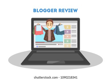 Blogger in computer. Smiling man on review or vlog.
