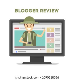 Blogger in computer. Smiling man on review or vlog.