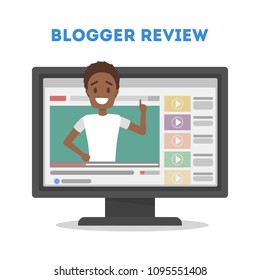 Blogger in computer. Smiling man on review or vlog.