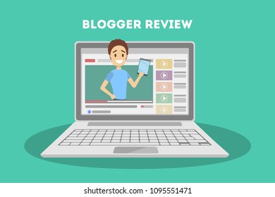 Blogger in computer. Smiling man on review or vlog.