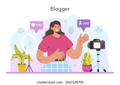 Blogger concept. Character sharing media content in the internet. Idea of social media and network. Online communication, creative occupation or hobby. Isolated flat vector illustration