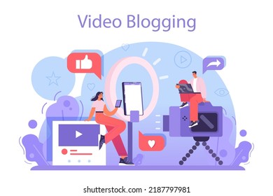 Blogger concept. Character sharing media content in the internet. Idea of social media and network. Online communication, creative occupation or hobby. Flat vector illustration