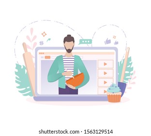 Blogger concept. Food blogging, cooking and broadcast online. Pastry chef, baker making tasty dish on video channel. Idea of social media and network. Vector illustration in cartoon style