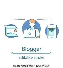 Blogger concept icon. Copywriter, designer, programmer idea thin line illustration. Blogging. Vector isolated outline drawing. Editable stroke