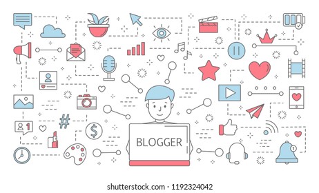 Blogger concept. Idea of streaming in the internet and getting feedback. Content in social media, follower number growth and popularity. Set of line icons. Isolated flat vector illustration