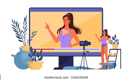 Blogger concept illustration. Fitness blogging, workout and broadcast online. Video channel, healthy lifestyle. Idea of social media and network. Vector illustration in cartoon style