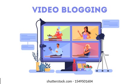 Blogger concept illustration set. Share content in the internet. Idea of social media and network. Online communication. Vector illustration in cartoon style