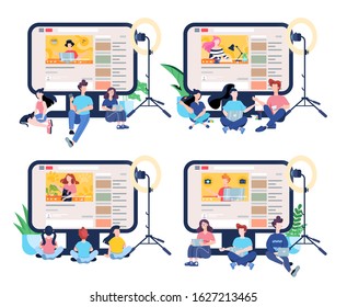 Blogger concept illustration. Share content in the internet. Idea of social media and network. Online communication. Set of isolated flat vector illustration