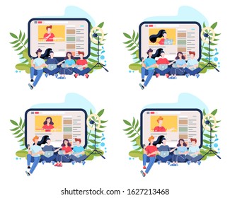 Blogger concept illustration. Share content in the internet. Idea of social media and network. Online communication. Set of isolated flat vector illustration