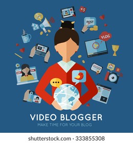 Blogger concept with internet communication flat icons set vector illustration