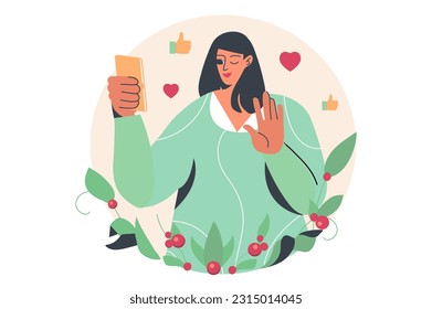 Blogger concept with people scene in the flat cartoon design. A blogger shoots a video on her phone for her followers. Vector illustration.