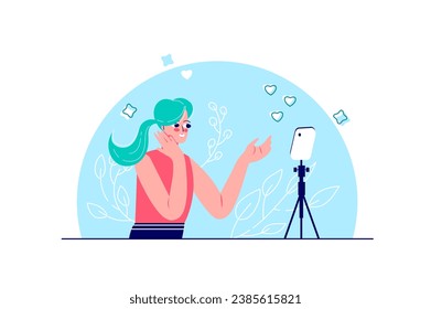 Blogger concept with people scene in the flat cartoon design. A young blogger communicates with her subscribers live and shows that they are important to her. Vector illustration.