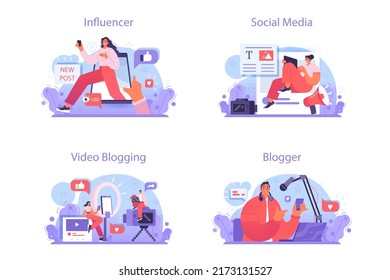 Blogger concept set. Character sharing media content in the internet. Idea of social media and network. Online communication, creative occupation or hobby. Flat vector illustration