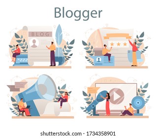 Blogger concept set. Sharing media content in the internet. Idea of social media and network. Online communication. Isolated flat vector illustration
