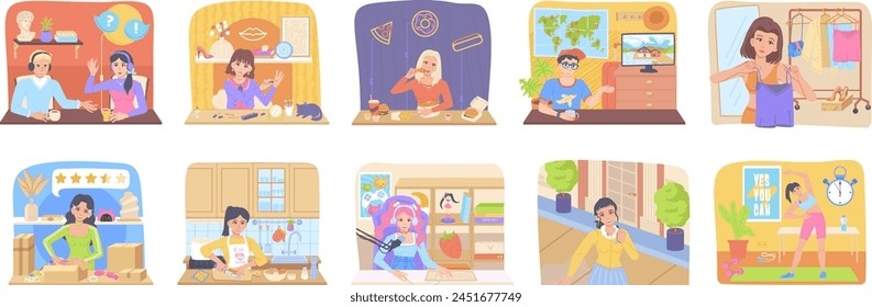 blogger concept set. Stock vector illustration in flat cartoon style.