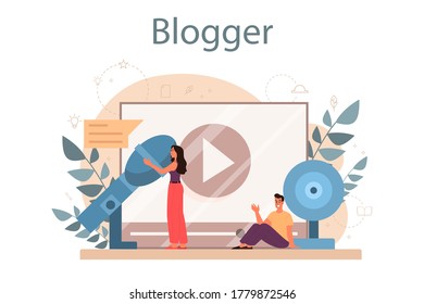 Blogger concept. Sharing media content in the internet. Idea of social media and network. Online communication. Isolated flat vector illustration